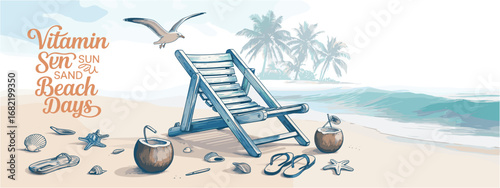 Relaxing Beach Scene With Deck Chair Seagull Coconuts And Ocean View summer sand