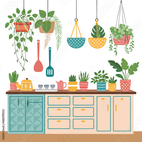 Charming kitchen scene featuring abundant houseplants and vibrant decor, creating a cozy and inviting atmosphere for home and lifestyle designs.
