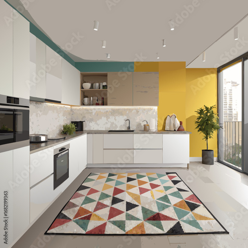 Modern kitchen interior design featuring sleek white cabinetry, vibrant geometric rug, and a sunny yellow accent wall, perfect for home decor inspiration.