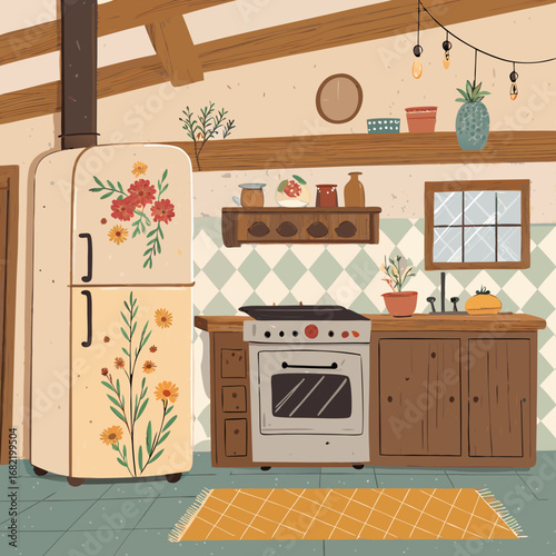 Cozy vintage kitchen scene with floral refrigerator and rustic wooden cabinets creating a warm inviting atmosphere for home cooking inspiration