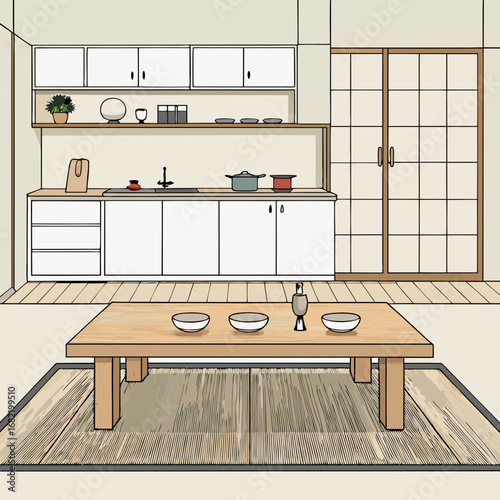 Serene Japanese dining room scene with tatami mats, low wooden table, and a minimalist kitchen setup, evoking tranquility and cultural charm for home decor inspiration.