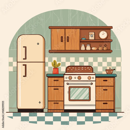 Charming retro kitchen scene with refrigerator, stove, and cabinets, evoking cozy home vibes and vintage decor