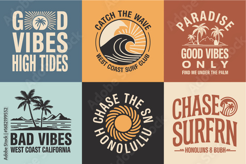 Retro Surf And Beach Lifestyle Graphic Designs With Palm Trees And Waves california west coast
