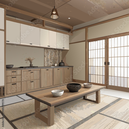 Serene Japanese tatami room and modern kitchen blend natural wood tones for peaceful living and elegant dining experiences