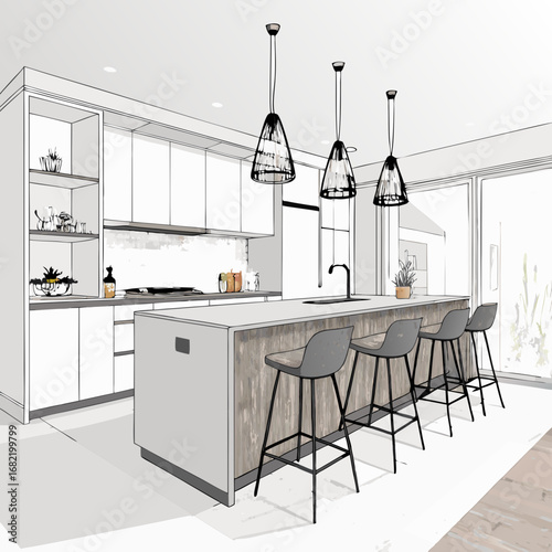 Stunning modern kitchen design with island seating and pendant lights, perfect for contemporary home inspiration and interior design projects, originally vector