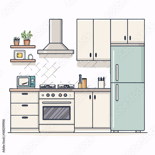 Charming and functional kitchen scene featuring a modern stove, refrigerator, microwave, cabinets, and shelves with plants, perfect for home design or lifestyle concepts.
