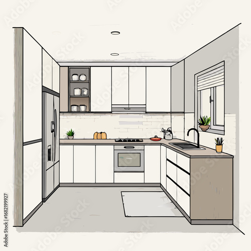 Visualize your dream kitchen renovation with this modern, clean L-shaped layout featuring sleek cabinetry, stainless steel appliances, and a stylish sink area, perfect for home design inspiration.