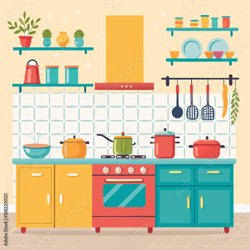 Vibrant, cozy kitchen scene with colorful cabinets, cooking pots, and shelves stocked with utensils and plants, perfect for home decor and culinary themes.