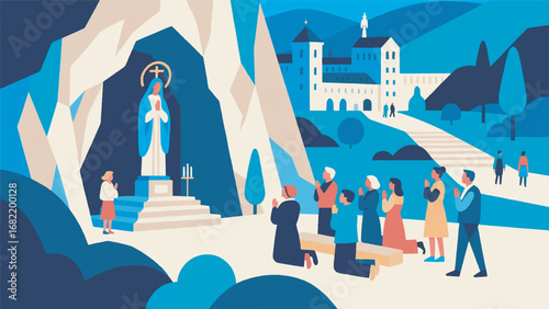 Illustration of Spiritual Atmosphere in Lourdes Vector Design Template with People and Prayer Background
