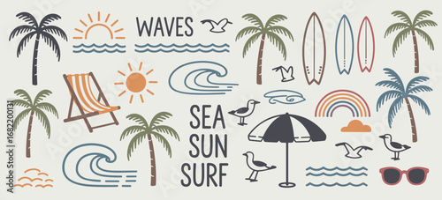 Summer Beach Vacation Elements Collection With Palm Trees Sun Waves And Surfboards travel ocean
