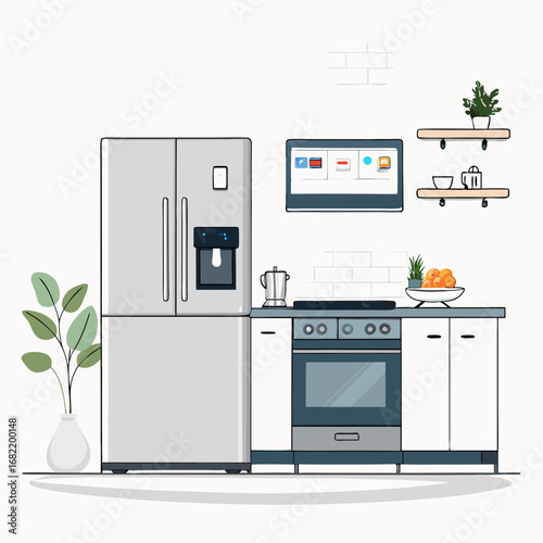 Modern kitchen scene featuring a sleek refrigerator, oven, and smart display, perfect for home design and appliance concepts.