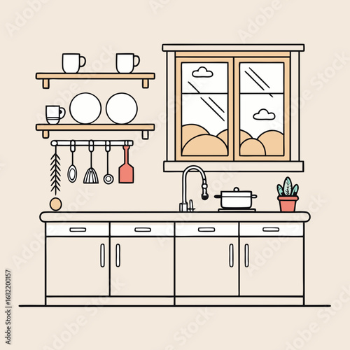 Charming kitchen scene with sink, window, shelves, and cooking utensils, perfect for home decor and lifestyle themes