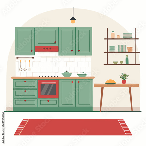 Charming modern kitchen scene with sage green cabinets, red accents, and a cozy red rug creating a warm inviting atmosphere for home decor inspiration.