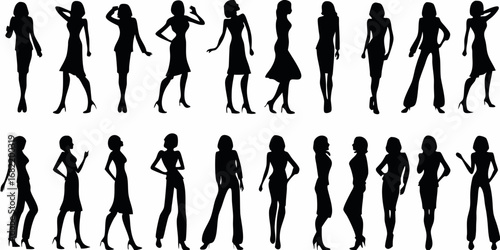 Collection of diverse female silhouettes in fashionable attire and poses
