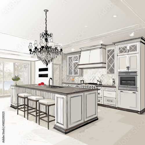 Elegant kitchen design sketch featuring a central island with bar stools, ornate chandelier, and modern appliances, perfect for interior design inspiration.