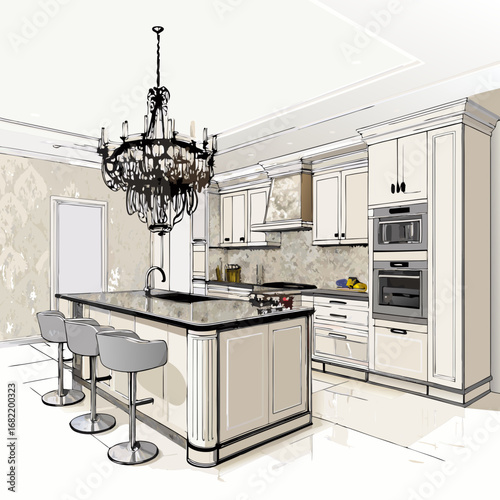 Elegant modern kitchen design sketch showcasing a spacious island with bar stools and a grand chandelier, perfect for home decor inspiration and renovation projects.