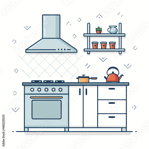 Modern kitchen scene with stove, kettle, and shelving, showcasing a clean and organized culinary space for everyday cooking and home decor concepts.