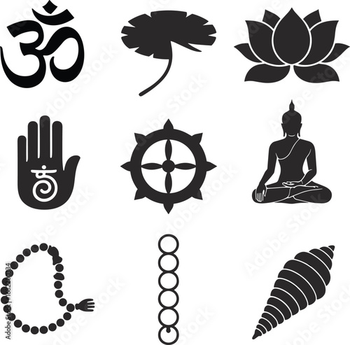 Collection Of Black Buddhist Symbols And Icons On White Background buddhism religion
