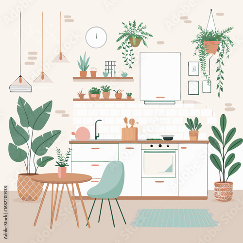 Cozy modern kitchen filled with lush houseplants, creating a vibrant and inviting atmosphere for relaxation and home life