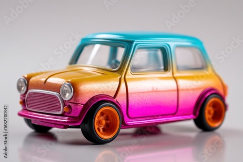 A gradient Mini Cooper toy car with a pink bottom gold middle and blue top rests on a gray surface