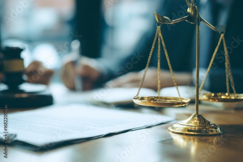 A golden scales of justice sits atop a desk near a legal document gavel and a blurred person taking notes