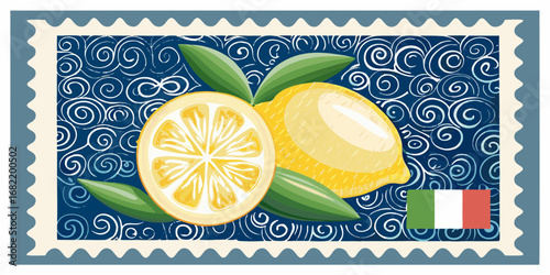 Italian postage stamp featuring a stylized illustration of lemons and leaves on a blue swirling background