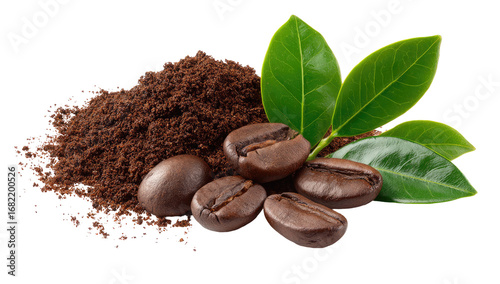 Coffee grounds and beans with leaves