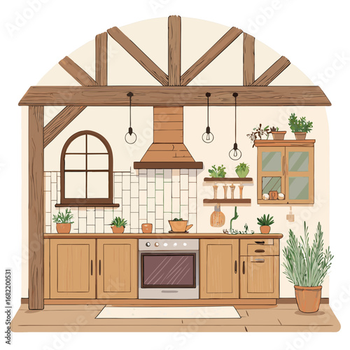 Charming rustic kitchen with wooden cabinetry, abundant plants, and cozy lighting creating a warm inviting atmosphere for home cooking and relaxation.