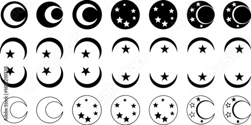 Collection of crescent moon and star icons representing lunar phases and celestial elements
