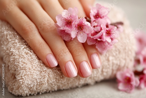 A hand rests on a folded towel adorned with pink cherry blossoms Nails are manicured with a shiny pink polish