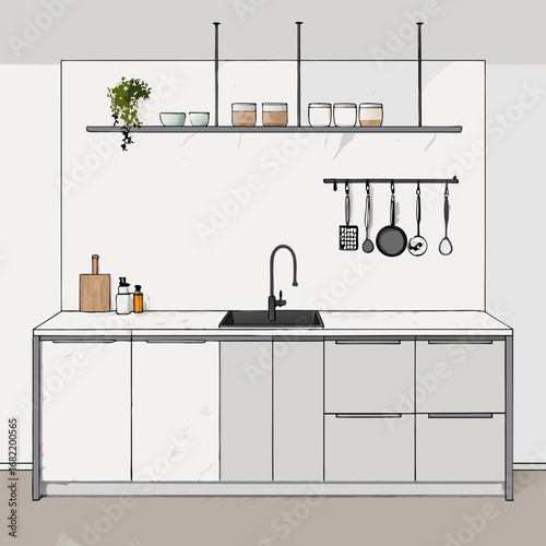 Modern minimalist kitchen design featuring sleek cabinetry, a deep sink, and hanging cookware, perfect for home renovation inspiration and interior styling