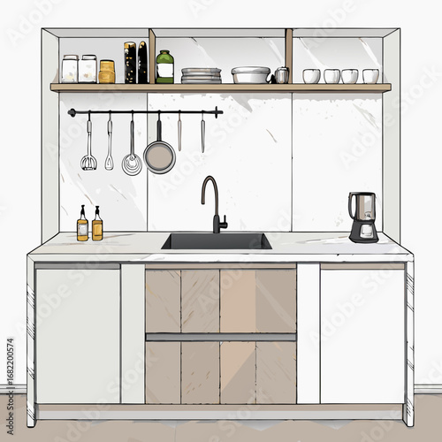 Modern kitchen design concept featuring a sleek countertop, integrated sink, stylish cabinetry, and essential appliances, perfect for home decor inspiration.