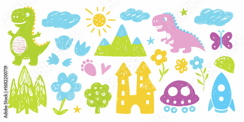 Whimsical hand drawn crayon style illustrations of dinosaurs castle rocket butterfly sun clouds mountains trees and flowers