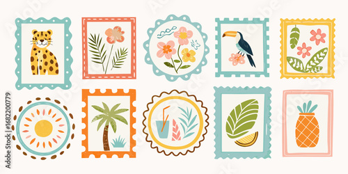Collection of charming hand drawn tropical themed stamps featuring a leopard toucan palm tree pineapple and floral designs