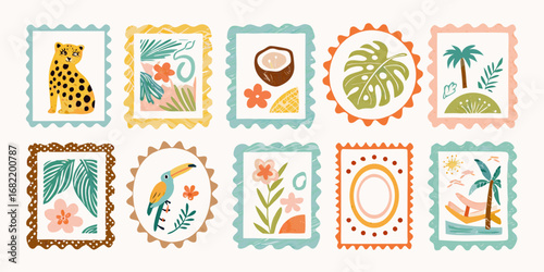 Collection of ten colorful hand drawn postage stamp style illustrations with tropical and nature themes