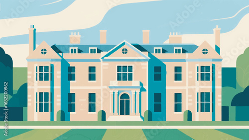 Illustration of Downton Abbey Grand Building Design Template with English Countryside Background