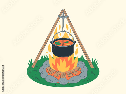 Cartoon Campfire Cooking Pot Over Open Flame Illustration