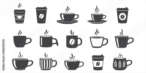 Fifteen dark gray coffee cups and disposable cups with steam on white background drink