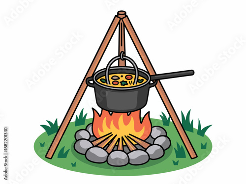 Cartoon Campfire Cooking Pot Over Open Flame Illustration