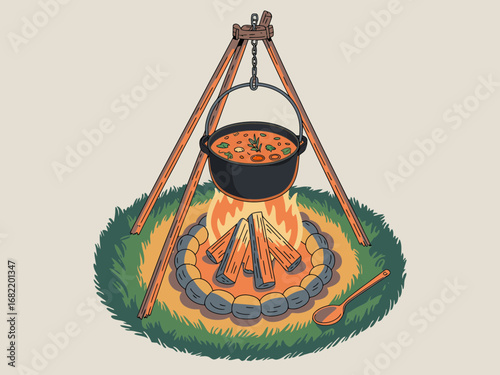Cartoon Campfire Cooking Pot Over Open Flame Illustration