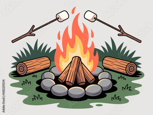 Cartoon Campfire Cooking Pot Over Open Flame Illustration