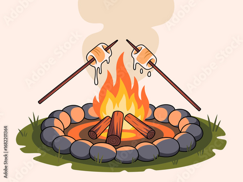 Cartoon Campfire Cooking Pot Over Open Flame Illustration
