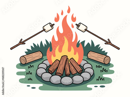 Cartoon Campfire Cooking Pot Over Open Flame Illustration