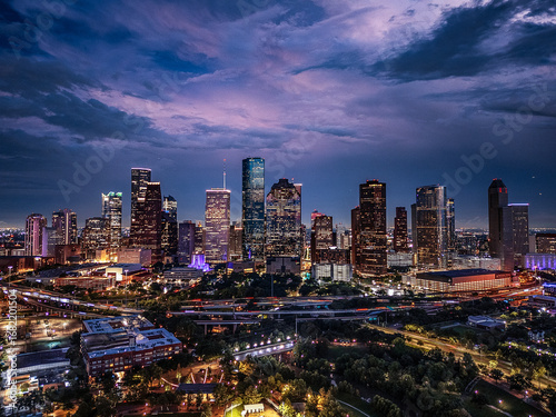 Aerial Drone Photo of Houston Texas Skyline at Twilight