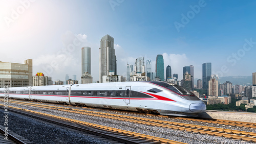 Modern high-speed train running through an urban area