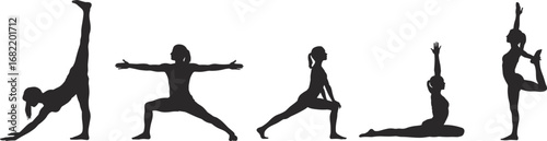 Five Silhouettes of Women Performing Yoga Poses on White Background woman exercise