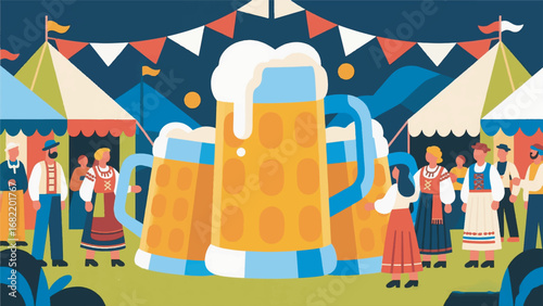 Illustration of Giant Beer Stein with People Design Template with Festival Background