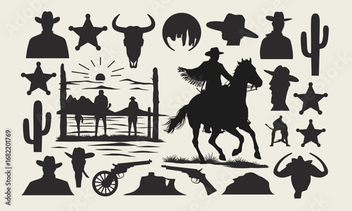 Western Cowboy Silhouettes Including Horse Rider Sheriff Stars And Guns wild west