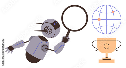 Robot holding a magnifying glass, analyzing a global map alongside a golden trophy. Ideal for innovation, AI research, exploration, problem-solving, global reach, success technology concepts. Simple