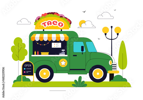 Food Truck Vector Illustration featuring Outdoor Street Vendors Serving Various Fast Foods from a Moving Vehicle or Van in a Flat Style Background